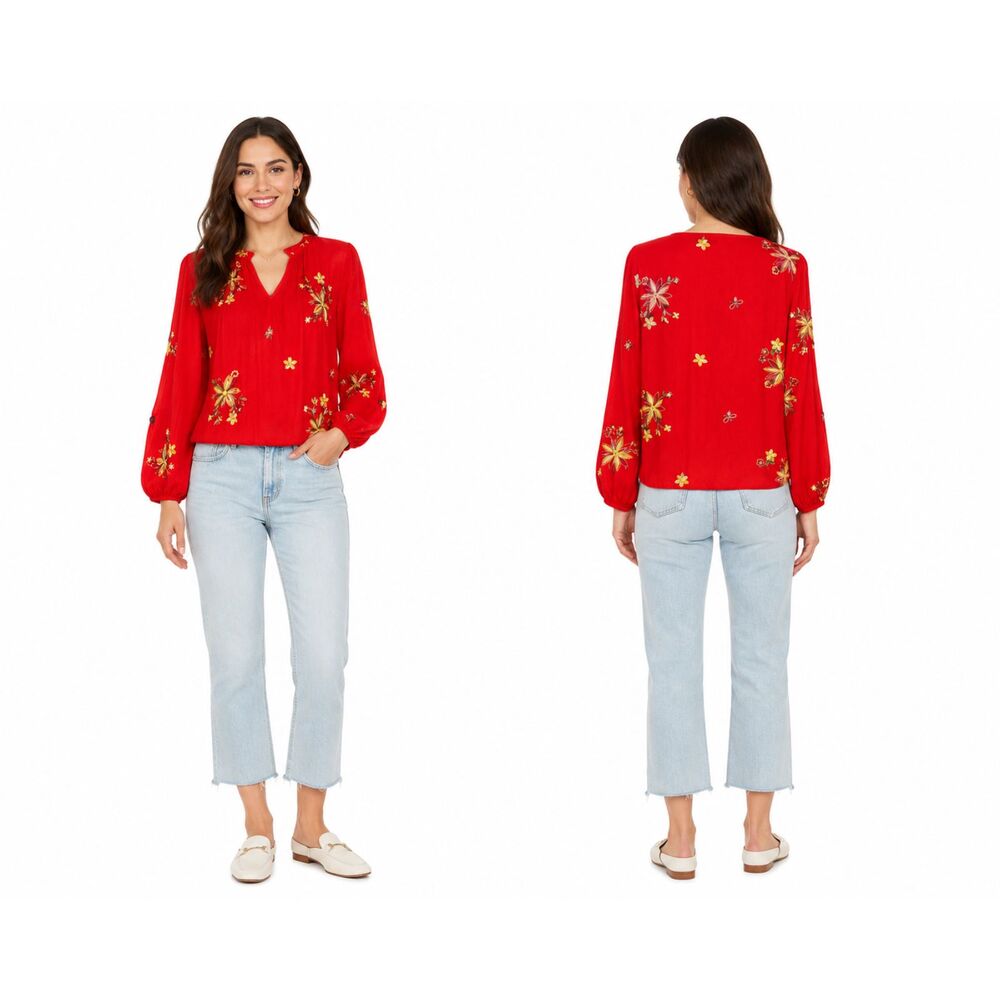 Figueroa & Flower Large Cherry Tomato Floral Embroidered Puffed Long Sleeve Top